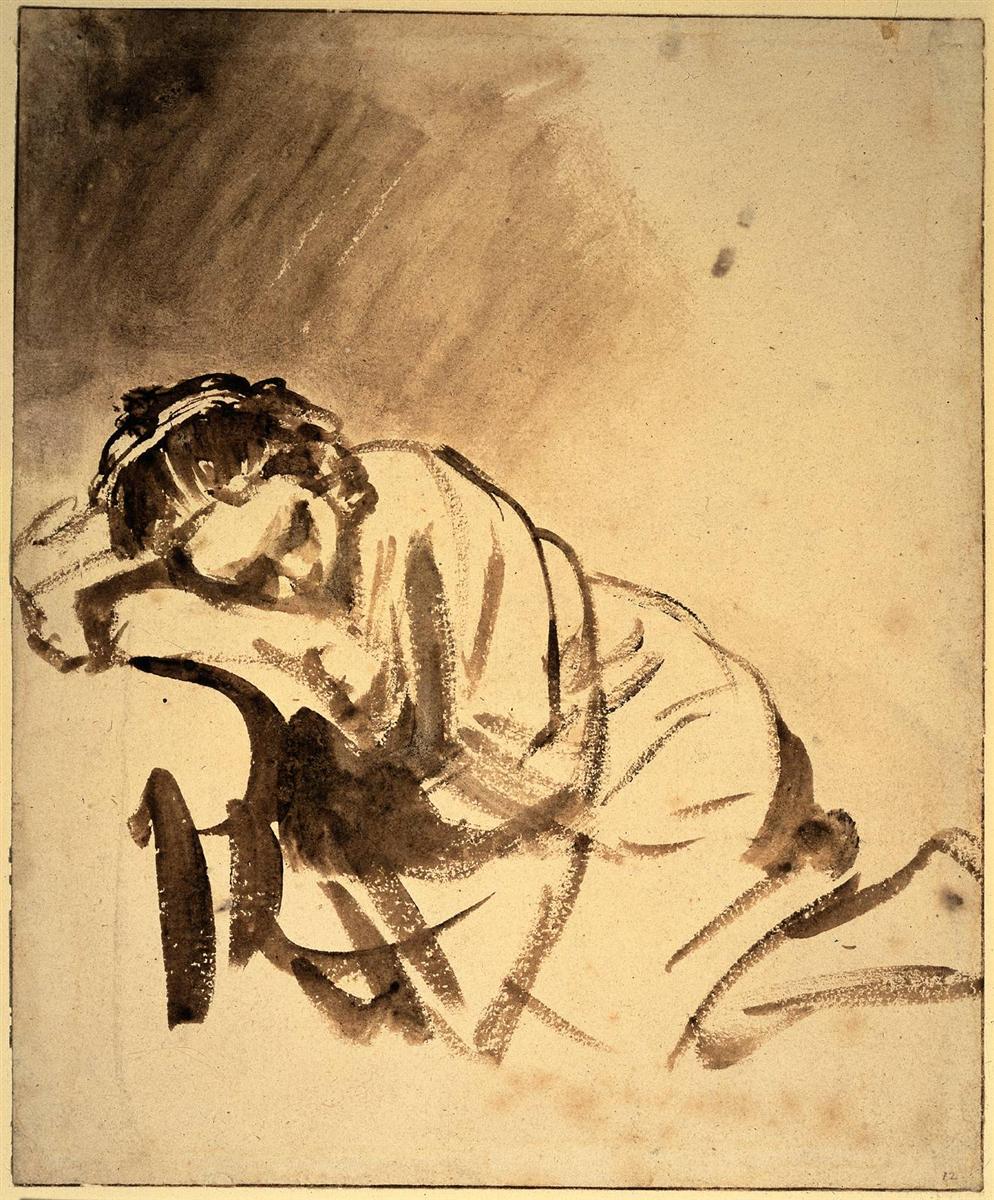 Brown-wash drawing of a woman asleep, head resting on her forearm over a chair, her body curved and knees folded beneath her; sparse, fluid strokes and soft tonal washes create a quiet, intimate atmosphere on largely blank paper.