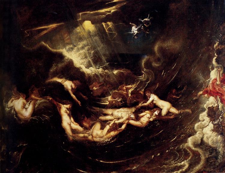 Dark storm scene by Peter Paul Rubens showing the myth of Hero and Leander: a swirling sea pulls pale bodies into a central vortex while beams of light slant from the sky and Hero, robed in bright red, leans from a cliff helplessly toward the drowning lover.