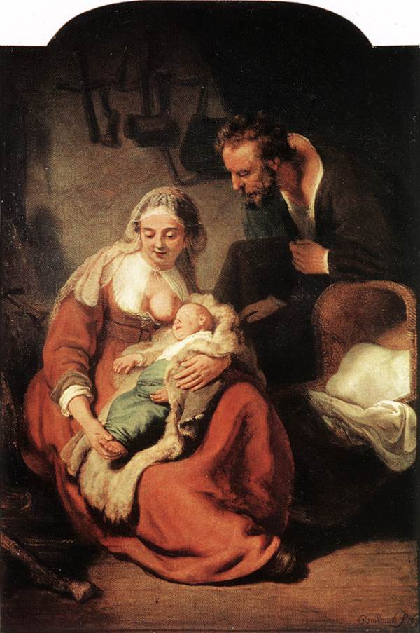 Warmly lit interior of Mary and Joseph with the infant Jesus; Mary in a russet dress cradles the swaddled baby on her lap as Joseph leans in; tools hang on the wall, a cradle sits to the right, and soft shadows shelter the family.