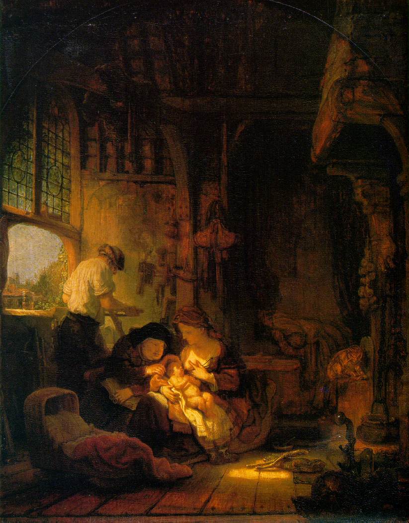 Warmly lit interior by Rembrandt showing Mary and an older woman admiring the Christ Child while Joseph works at a window; a cradle, brazier, tools, and shadowed furnishings fill the humble room as light falls across the floor and figures.