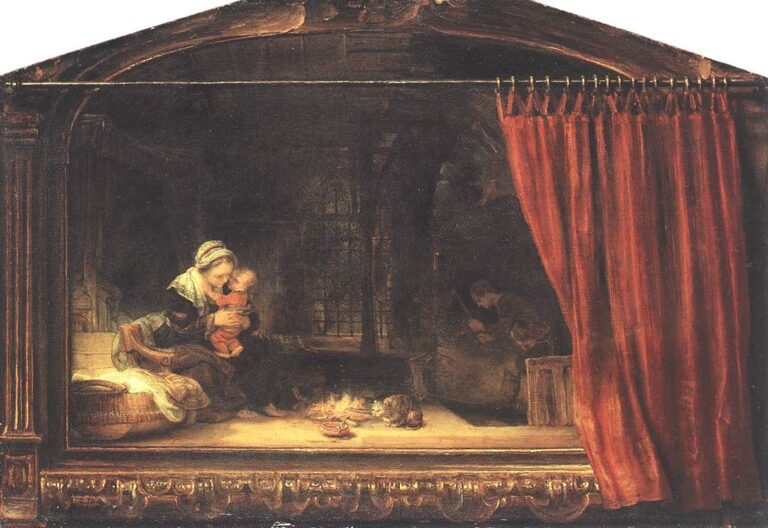 A warmly lit domestic room shows Mary cradling the baby beside a cradle and small hearth while Joseph works in a shadowed alcove; a deep red curtain, painted as if hanging in front of the scene, partly covers the right side like a theater drape.