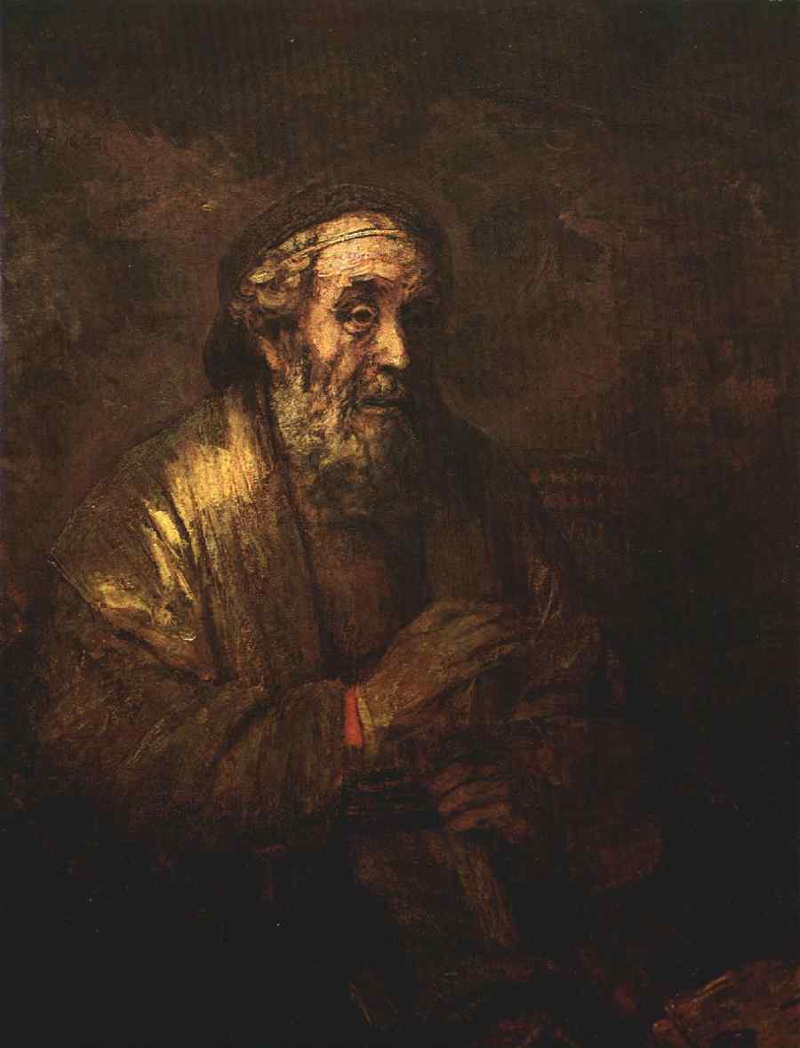 Late Rembrandt portrait of Homer seated in deep shadow, headbanded and bearded, face and robe softly illuminated as he holds a staff or manuscript, conveying thoughtful stillness.