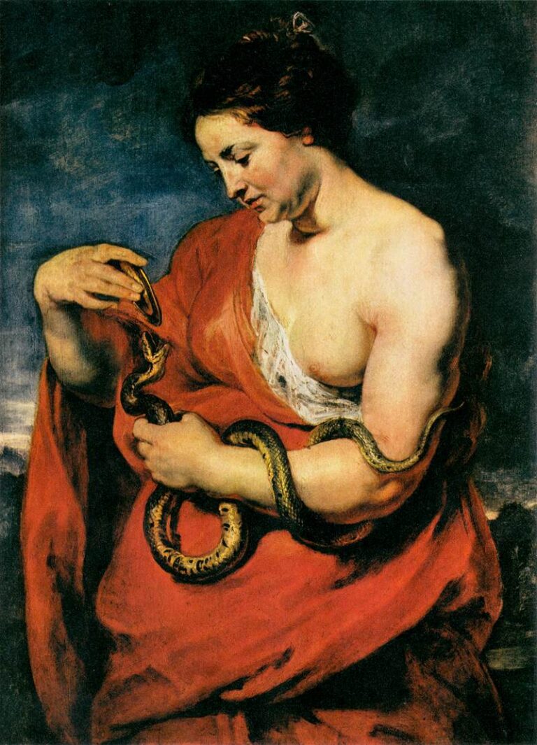 Half-length Hygeia in a red mantle lowers a serpent toward a shallow bowl she raises with her left hand; cool light reveals warm flesh, shimmering scales, and a blue-grey sky that sets the calm, measured act at the center.