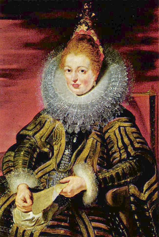 Seated three-quarter portrait of Isabella Clara Eugenia in a black-and-gold gown with a large lace ruff, against a crimson backdrop, holding a folded document and meeting the viewer with a calm, authoritative gaze.