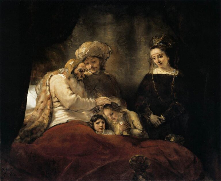Dimly lit bedroom scene: the elderly Jacob bends from a curtained bed to cross his hands over two children’s heads; Joseph leans close with a turbaned head, Asenath stands at right, and a deep red coverlet fills the foreground.