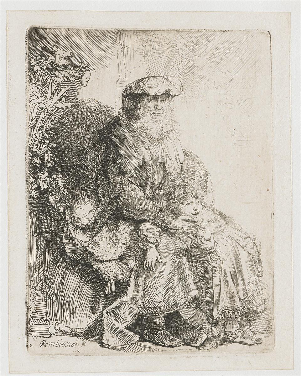Etching of an elderly Jacob seated in a chair, turbaned and bearded, drawing the young Benjamin close with an arm around his shoulders; dense foliage frames the left side, while light opens to the right, emphasizing the tender embrace.