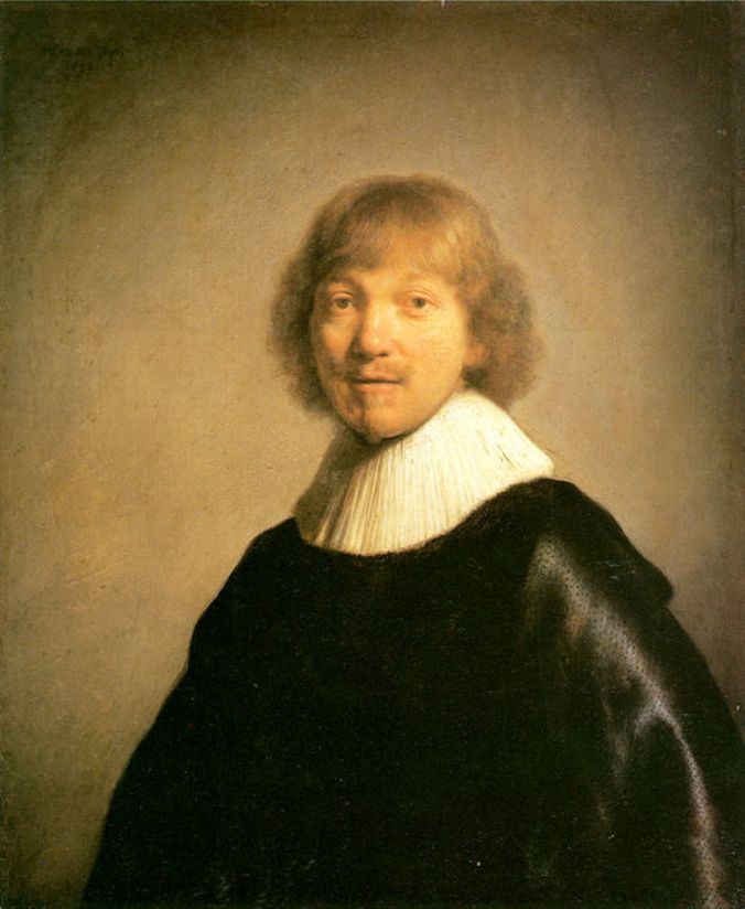 Rembrandt’s 1632 portrait of Jacob III de Gheyn shows a young man turned three-quarters toward the viewer, warmly lit against a neutral background, wearing a white pleated ruff and dark velvet coat with soft highlights, his calm gaze and gentle modeling conveying quiet intelligence.