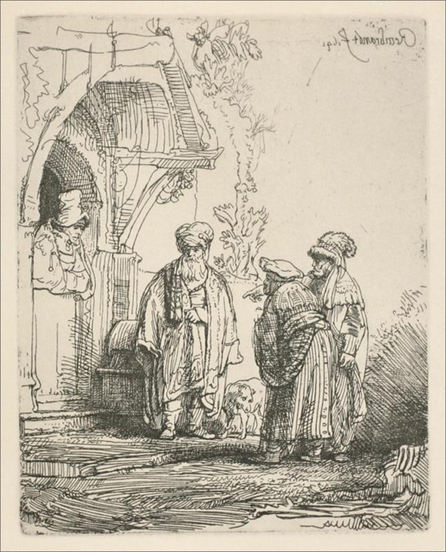 Rembrandt etching of three men conversing by a porch: an elder in a turban stands near a doorway with a woman in shadow, while two fur-capped figures—one slightly bowed—address him; a small dog sniffs the ground and open space extends to the right.