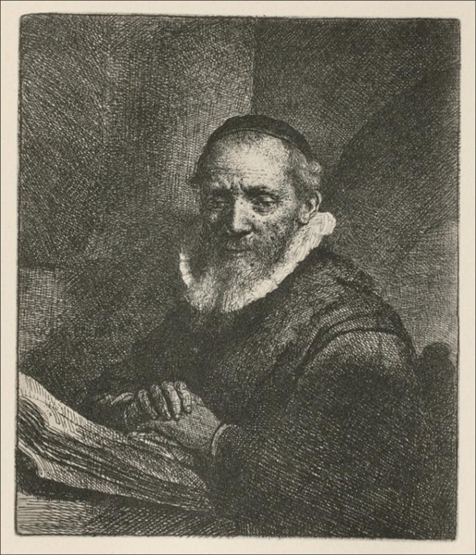 Black-and-white etching of an elderly preacher seated at a desk with an open book, head turned toward the viewer, small ruff and cap, interlaced hands resting on the pages, face softly illuminated against a shaded interior.