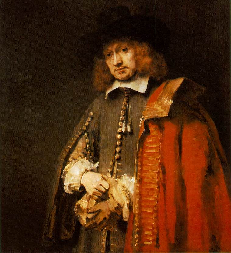 Oil portrait of Jan Six by Rembrandt showing a man in a broad black hat and gray coat with a vivid red mantle, pausing to pull on a glove; his face softly lit against a dark background, with expressive brushwork in the clothing and trim.