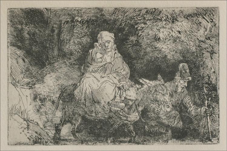 Small Rembrandt etching of Mary riding a donkey with the child Jesus in her arms while Joseph walks beside them with a staff, all moving through dense trees under a dark canopy of foliage.