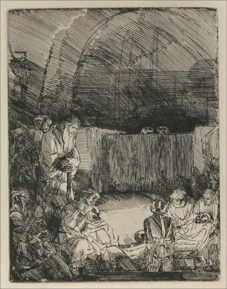 Etching of Christ’s burial: mourners gather around a stone bier inside a vaulted tomb, carefully wrapping the body in linen as deep hatching forms a dark, enclosing dome above.