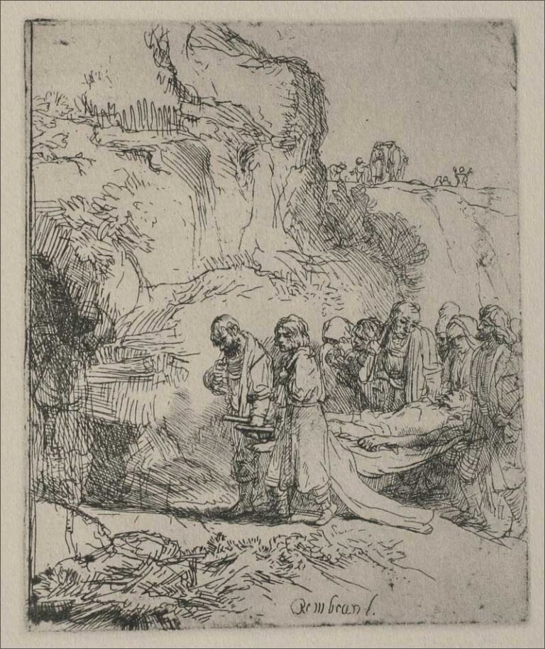A small etching shows mourners carrying the shrouded body of Christ toward the mouth of a rocky tomb; a somber procession moves along a narrow path beneath steep cliffs, with distant figures on a ridge above.