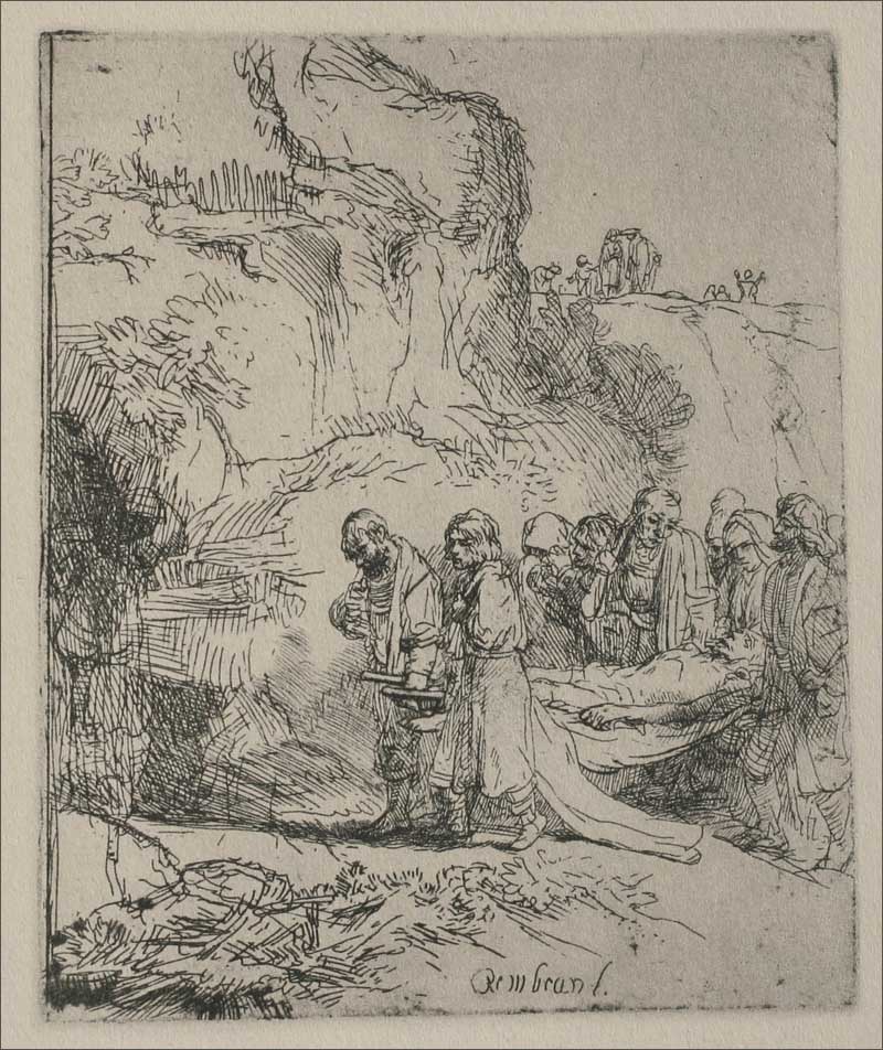 A small etching shows mourners carrying the shrouded body of Christ toward the mouth of a rocky tomb; a somber procession moves along a narrow path beneath steep cliffs, with distant figures on a ridge above.