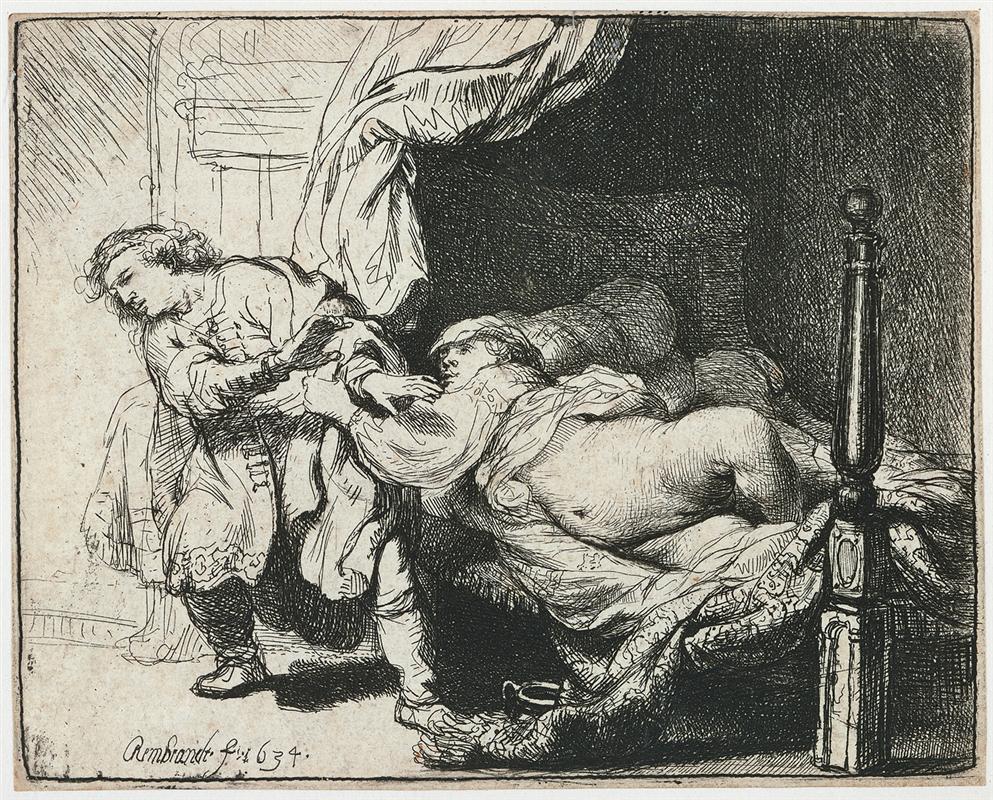 Black-and-white etching of a bedroom scene: Joseph twists away from Potiphar’s wife who clutches his sleeve on a rumpled bed beneath a heavy canopy; a tall bedpost anchors the right side as strong diagonals convey motion and tension.