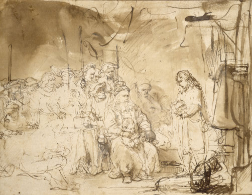 Pen-and-wash drawing by Rembrandt showing Joseph standing at right recounting his dreams to Jacob and a mass of brothers seated at left; quick lines and brown washes create a dense crowd, a thoughtful patriarch, and a bright space around the youthful speaker.
