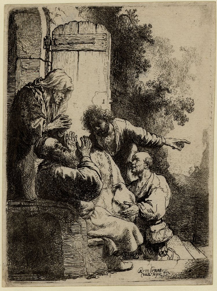 Etching of an old man seated at a doorway as several sons present a garment; one kneels, another points emphatically, and light falls across the group against a timbered door and small view of landscape.