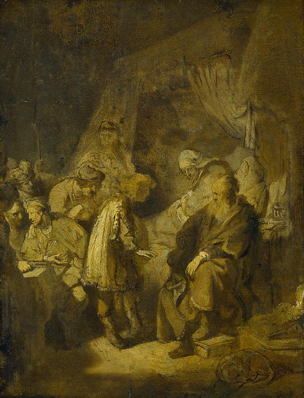 Dim interior with young Joseph gesturing as he speaks; Jacob sits elevated at right, brothers cluster in shadow to the left with tablets and whispers; a draped canopy and warm lamplight frame the tense family gathering.
