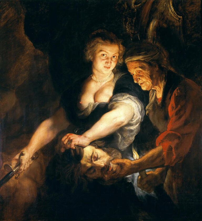 In a torchlit darkness, Judith grips a sword and clutches Holofernes’s severed head while an elderly servant steadies it; dramatic light carves their faces and hands, mixing triumph, urgency, and the palpable weight of victory.