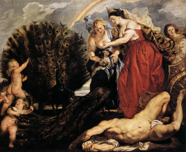 Goddess Juno in a red gown leans forward to place Argus’s eyes into an attendant’s hands while a huge peacock spreads its iridescent tail; playful putti handle the feathers, a rainbow arches overhead, and Argus’s nude body lies diagonally across the foreground.