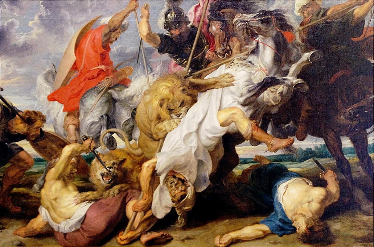 Panoramic Baroque scene by Peter Paul Rubens where hunters on rearing horses battle lunging lions; spears and scimitars flash, robes whip in the wind, and fallen figures struggle in dust beneath a bright, roiling sky.