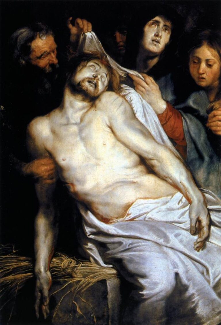 Close, intimate scene of Christ’s lifeless body lowered onto a straw bench as Joseph of Arimathea lifts the shroud and the Virgin Mary gazes upward; pallid flesh, bright linen, and dark background emphasize the tender teamwork of mourners.