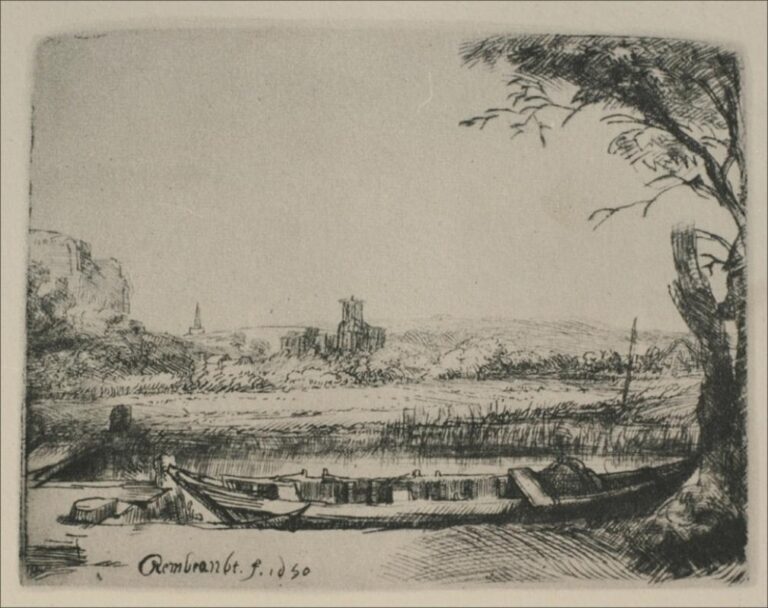 Rembrandt etching of a broad canal with a long moored boat in the shaded foreground, reeds and water across the middle, low hills with a broken tower and church spire on the horizon, and a framing tree at right beneath a wide, pale sky.