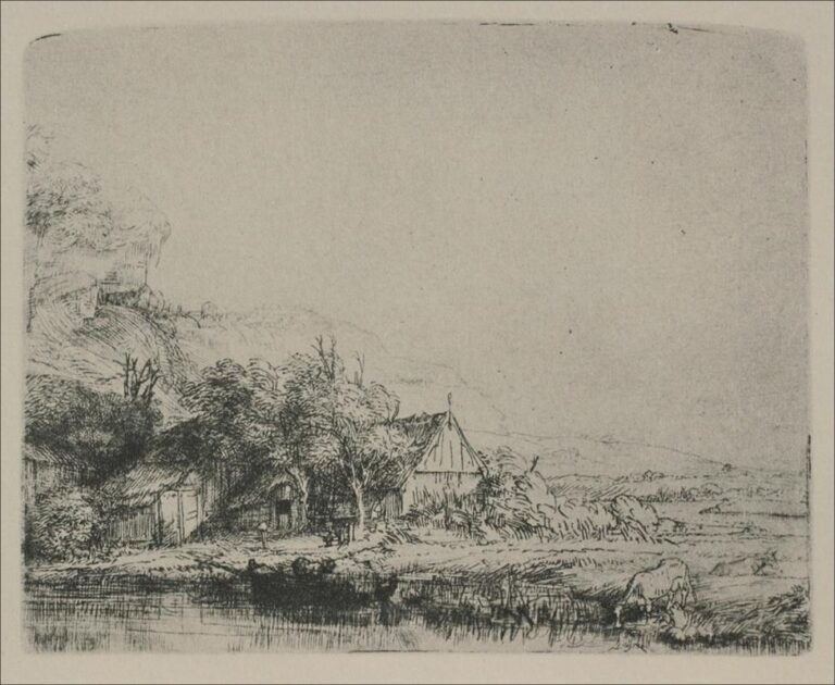 Small Rembrandt etching of a Dutch farm by water: dark thatched cottages and trees at left, open fields to the right, and a cow lowering its head to drink along a reflective bank beneath a wide pale sky.