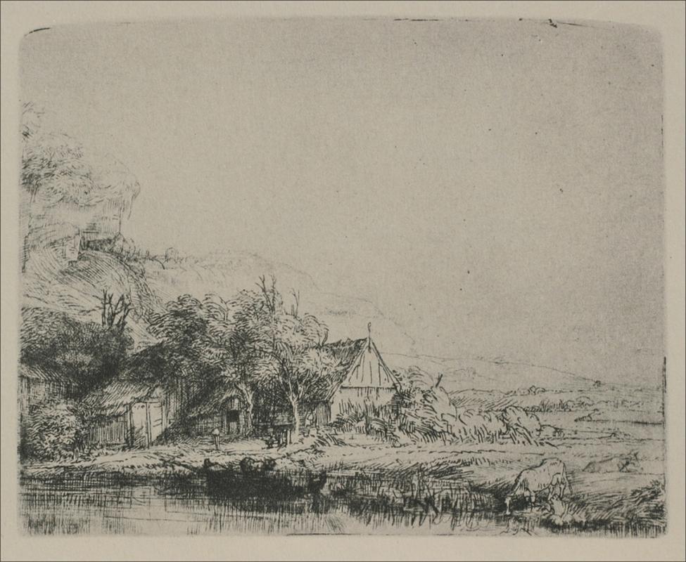 Small Rembrandt etching of a Dutch farm by water: dark thatched cottages and trees at left, open fields to the right, and a cow lowering its head to drink along a reflective bank beneath a wide pale sky.