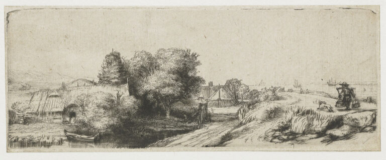 Etching of a Dutch riverside: dense trees and cottages at center-left with a moored boat in dark water, an open sandy bank and winding road at right where a small fisherman sits with rod and dog, and faint city rooftops on the distant horizon under a pale sky.