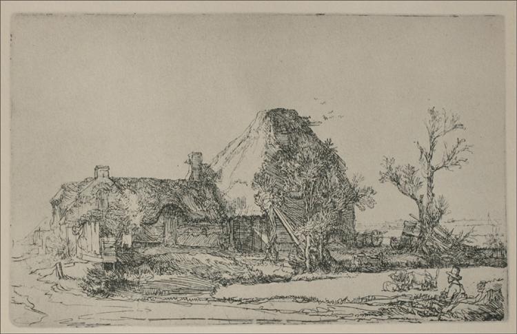 A finely etched rural scene shows thatched farm buildings and trees under a broad light sky, with shallow water in the foreground and a small figure at lower right seated with a portfolio, sketching the view.
