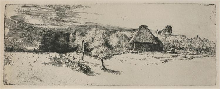 Long, low Rembrandt etching showing a wide, bright foreground with a few fence posts, a middle strip of trees and a thatched cottage, and a small ruined tower beyond; darker trees and streaked clouds at left, pale open sky to the right.