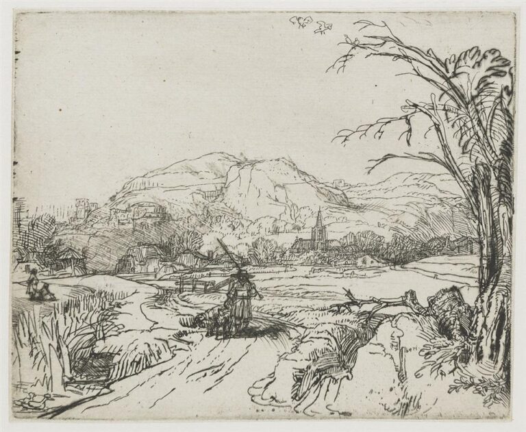 Etched landscape with a winding dirt road leading past reeds and a fallen branch toward a village with a church spire; a small shepherd with staff and dog walks along the track, while large hills rise beyond and a tall tree frames the open, mostly blank sky.
