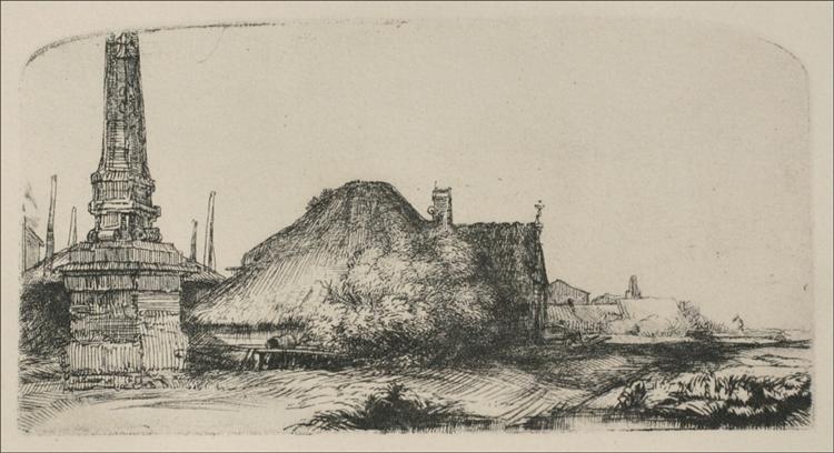 Long, low Rembrandt etching with a tall stone obelisk at the left edge, a large thatched building and hedge at center, rutted tracks sweeping into open fields at right, and a pale, spacious sky above.