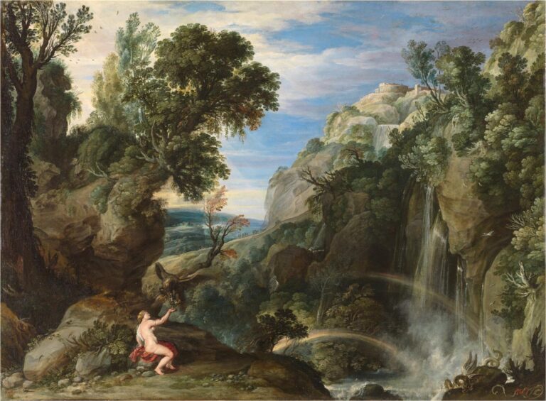 Vast mountain landscape with waterfalls and double rainbow, a small figure of Psyche kneeling on a rocky ledge as Jupiter descends as an eagle, under a luminous sky with distant fortified hills.
