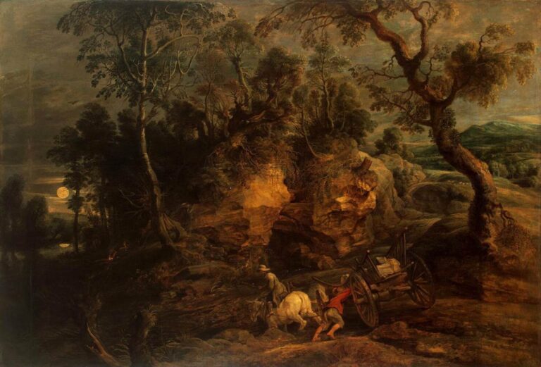 Moonlit Flemish landscape by Rubens showing a rocky ravine with towering trees, a glowing cliff face, and two workers with a donkey straining to pull a stone-laden cart along a rugged path.