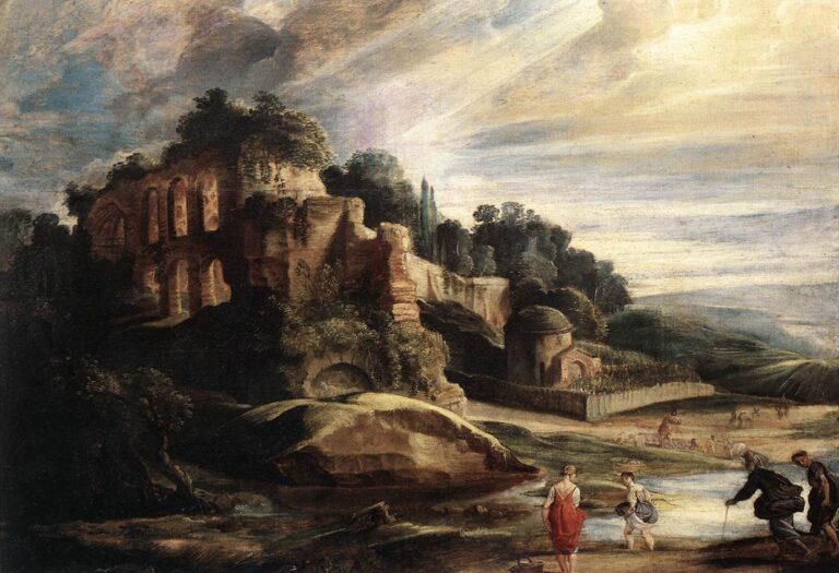 Broad landscape by Peter Paul Rubens showing ivy-clad ruins of the Palatine Hill at left and a sunlit countryside at right, with villagers wading a shallow stream in the foreground under a streaked late-afternoon sky.