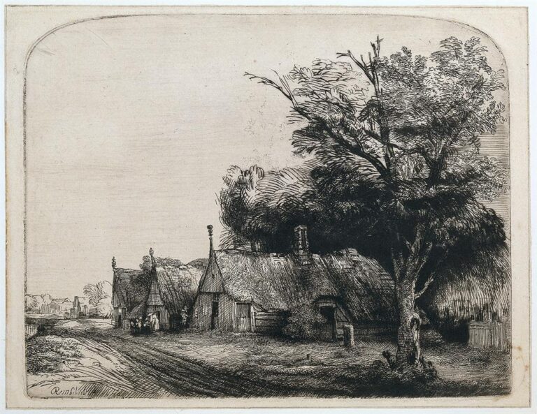Rembrandt etching of a rural road curving past three thatched huts beneath a large tree; small figures gather at a doorway, deep shade pools under the eaves, and an open, pale sky stretches over distant fields.