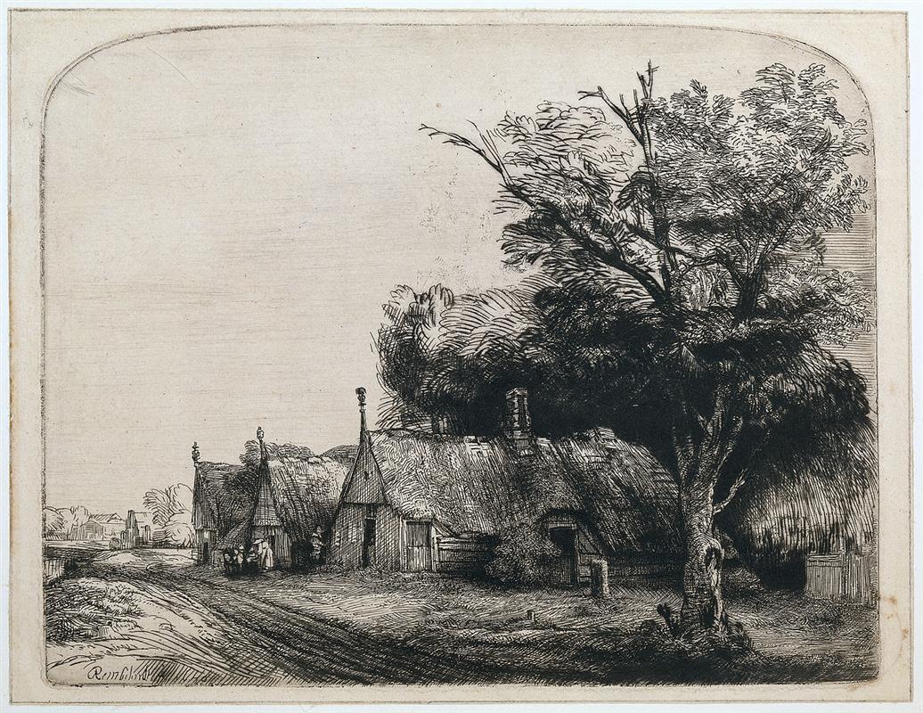 Rembrandt etching of a rural road curving past three thatched huts beneath a large tree; small figures gather at a doorway, deep shade pools under the eaves, and an open, pale sky stretches over distant fields.