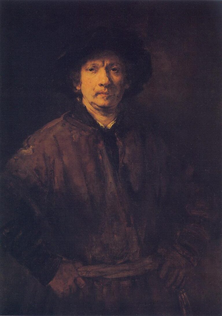 Half-length self-portrait of Rembrandt in a dark hat and plain brown coat, hands resting on a belt, face lit against a deep shadowed background, painted with rich, textured brushwork.