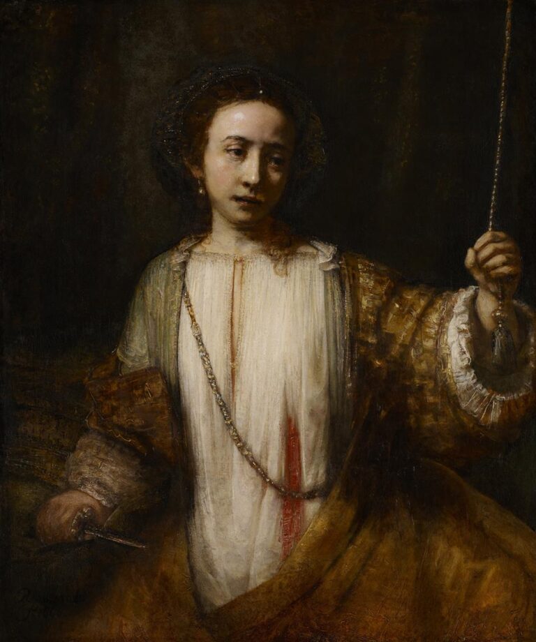 Rembrandt’s “Lucretia” (1666) showing a solemn young woman in a white chemise, a bloodstain down the front, holding a bell-cord in one hand and a dagger in the other, softly lit against a dark background with rich gold sleeves and a reflective chain.