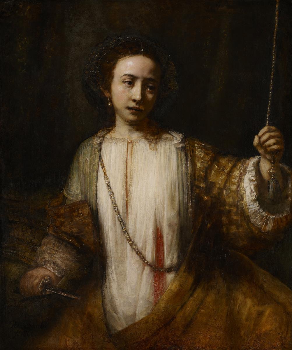 Rembrandt’s “Lucretia” (1666) showing a solemn young woman in a white chemise, a bloodstain down the front, holding a bell-cord in one hand and a dagger in the other, softly lit against a dark background with rich gold sleeves and a reflective chain.