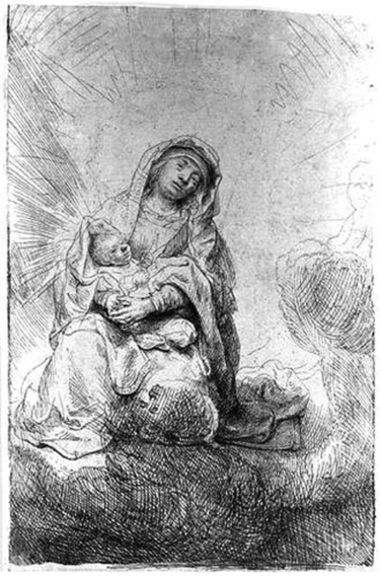 Small etching of the Virgin Mary seated on clouds holding the Christ Child, both enveloped by radiating light; soft cross-hatching models the robes and cloud while bright reserves of paper create a luminous, intimate vision.