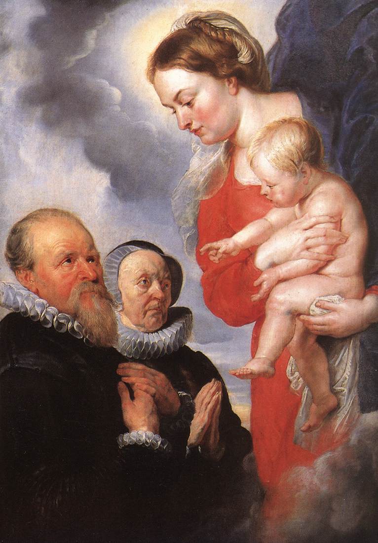 Rubens altarpiece showing the Virgin in a red mantle on a cloud holding the Christ Child who leans to bless two kneeling donors, Alexandre Goubeau and Anne Antoni, dressed in black with white ruffs under a luminous blue-gray sky.