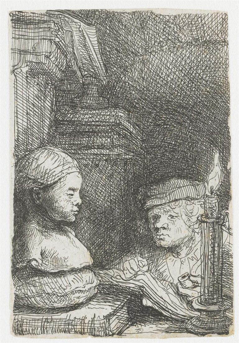 Etching by Rembrandt of a young draughtsman studying a plaster bust beside a tall candle; the figure leans over papers while the cast sits on a pedestal, all set against a dark, cross-hatched studio background that pushes the lit forms forward.