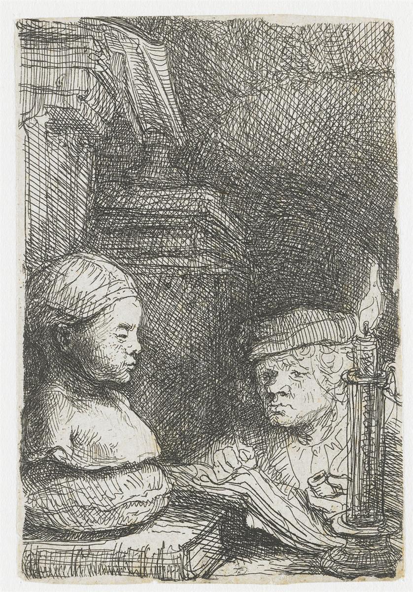 Etching by Rembrandt of a young draughtsman studying a plaster bust beside a tall candle; the figure leans over papers while the cast sits on a pedestal, all set against a dark, cross-hatched studio background that pushes the lit forms forward.