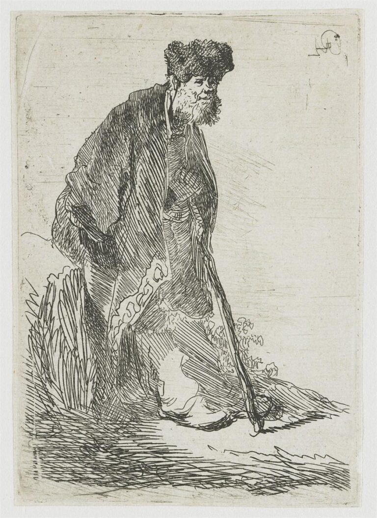An etching of a bearded man in a heavy cloak and fur cap leaning on a staff beside a bank of reeds; long hatchings render the cloth, short strokes describe the fur, and a blank field opens to the right like quiet sky.
