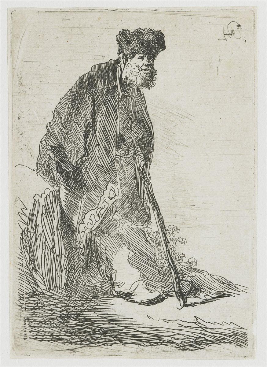 An etching of a bearded man in a heavy cloak and fur cap leaning on a staff beside a bank of reeds; long hatchings render the cloth, short strokes describe the fur, and a blank field opens to the right like quiet sky.