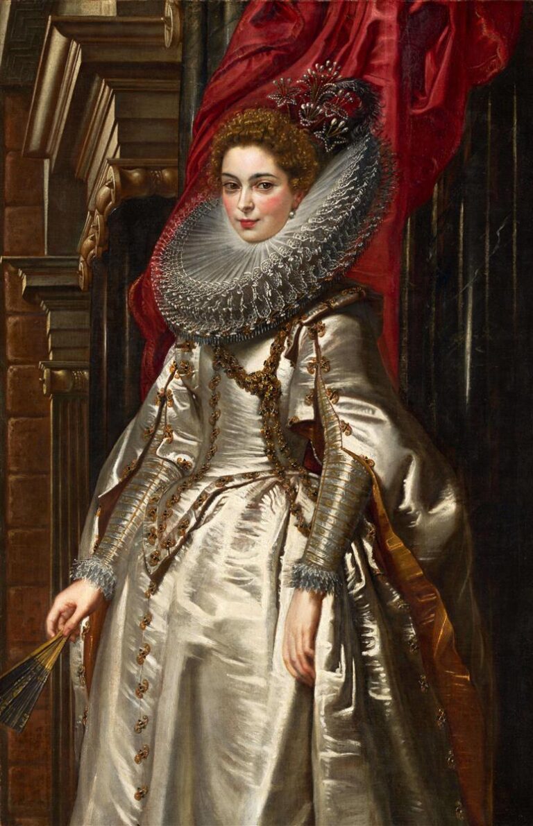 Full-length Baroque portrait by Peter Paul Rubens of Marchesa Brigida Spinola Doria standing before a palace façade, wearing a radiant silver satin gown with a monumental lace ruff and jeweled adornments, a red curtain sweeping behind her as she holds a closed fan and meets the viewer’s gaze.