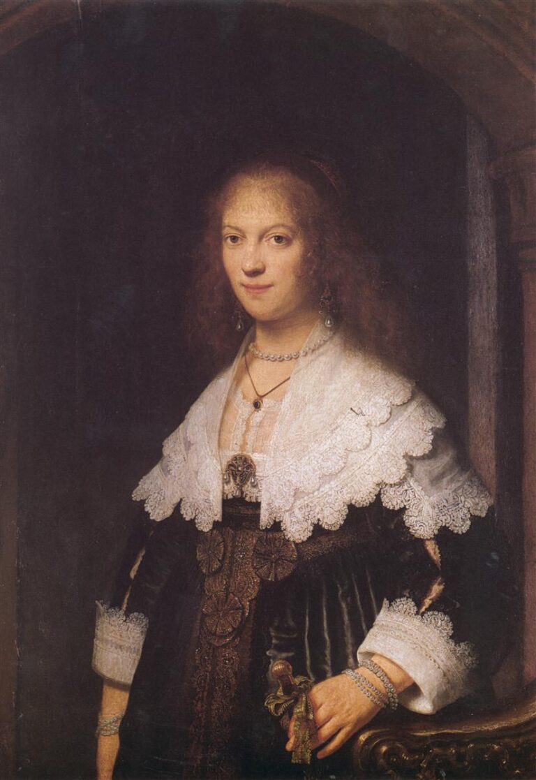 Half-length 1639 portrait by Rembrandt of Maria Trip standing in an arched niche, wearing a dark velvet gown with elaborate white lace collar and cuffs, pearls and earrings, one hand resting on a balustrade; warm light illuminates her calm face against a deep shadowed background.